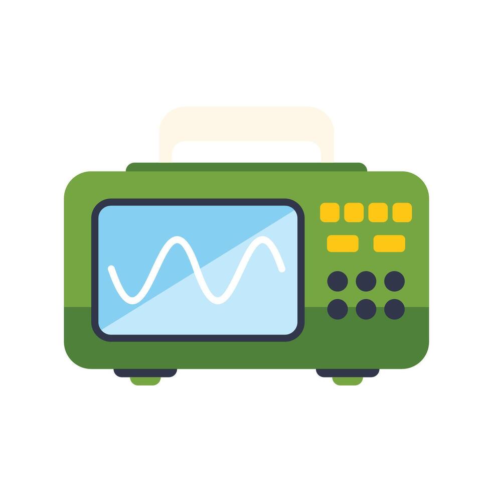 Green oscilloscope showing sinusoidal signal on screen displaying waveform vector