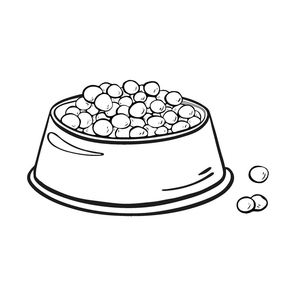 A Pet Food Bowl that is Filled with Kibble along with Some Dropped Pieces for Pets. sketch illustration. Pet shop vector
