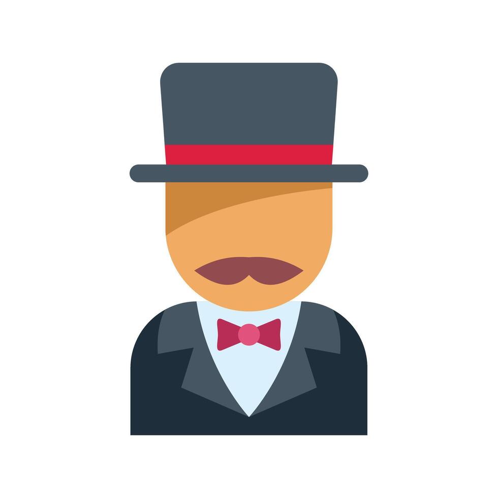 Magician wearing suit and top hat with red ribbon smiling flat style icon design vector