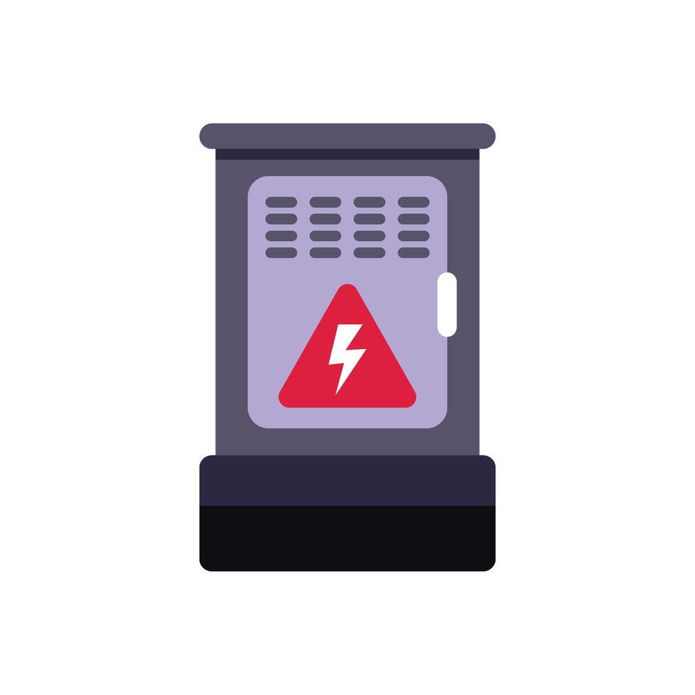 Grey outdoor electrical cabinet with high voltage sign showing through a red triangle on its door vector
