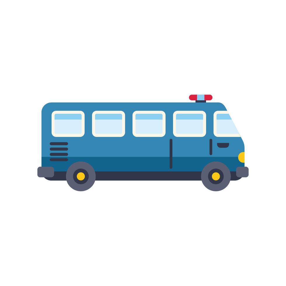 Blue prisoner transport bus with siren lights on side view flat design vector