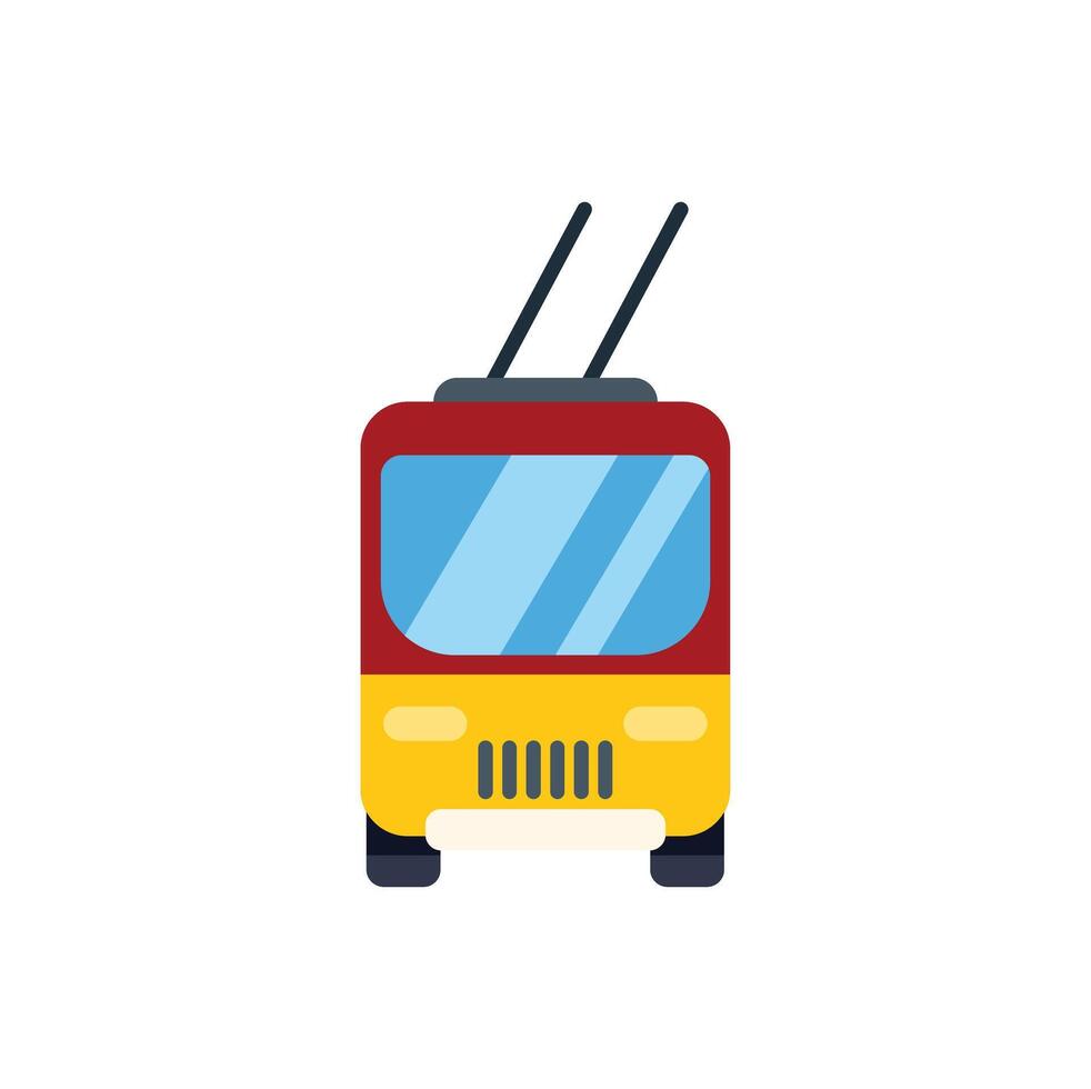 Red and yellow trolleybus driving through city streets modern flat design icon vector