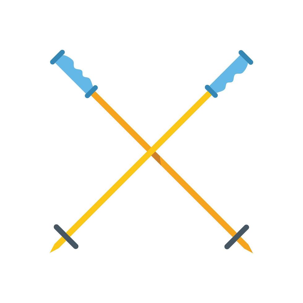 Two crossed trekking poles with blue handles on white background vector