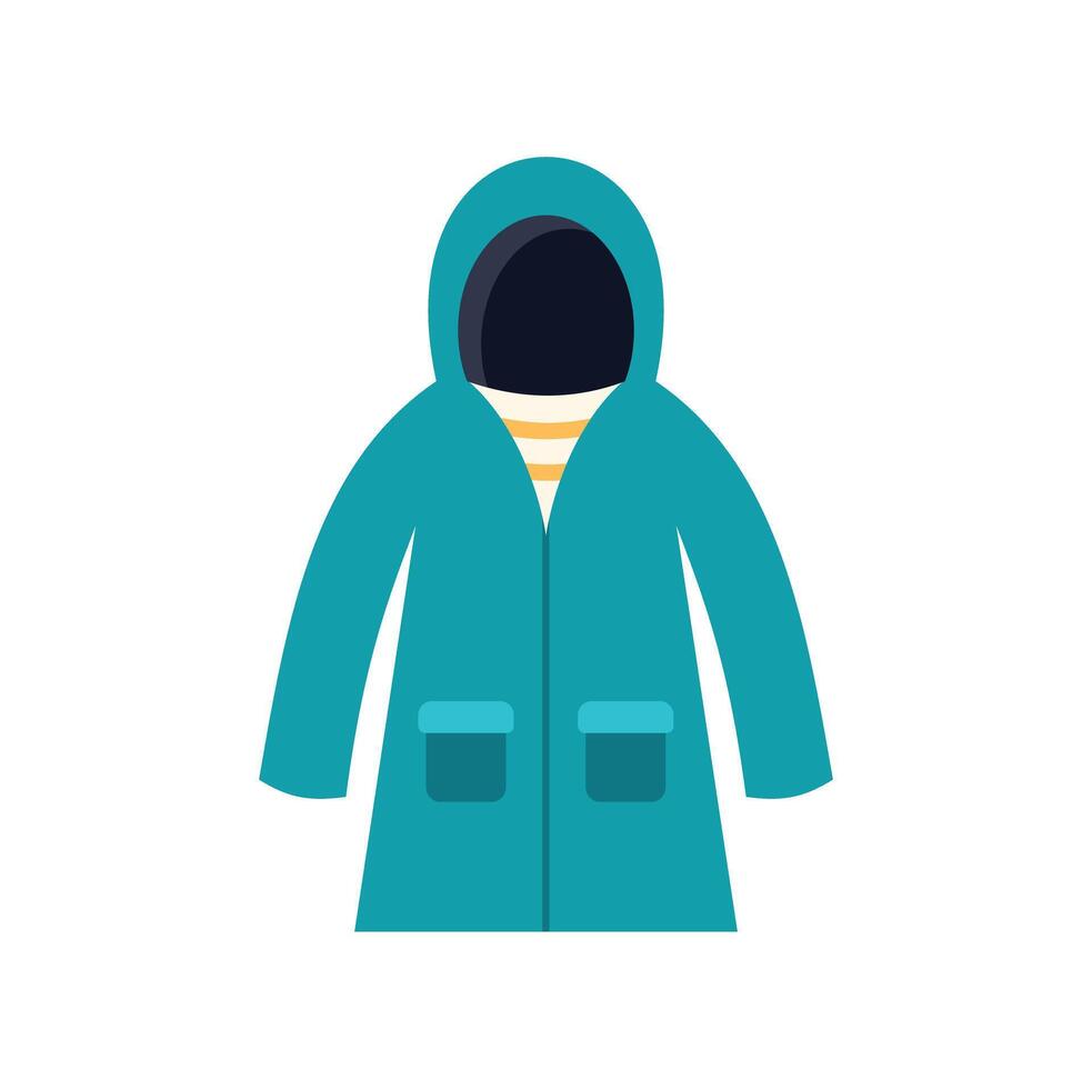 Turquoise raincoat with hood protecting from cold and rain vector