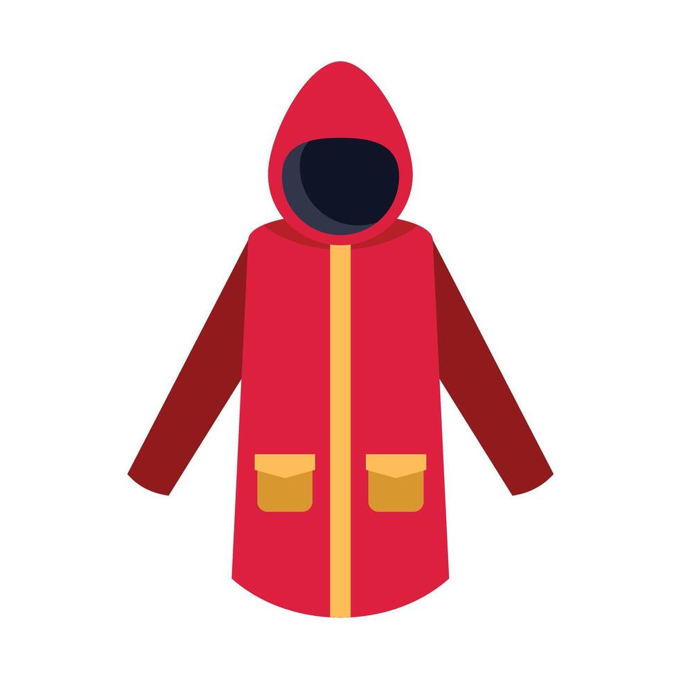 Red raincoat protecting from rain with hood up vector