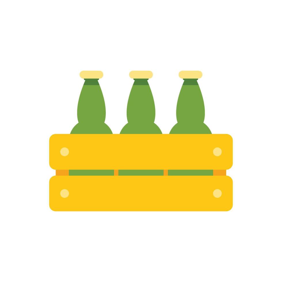 Three green glass beer bottles standing in wooden crate vector