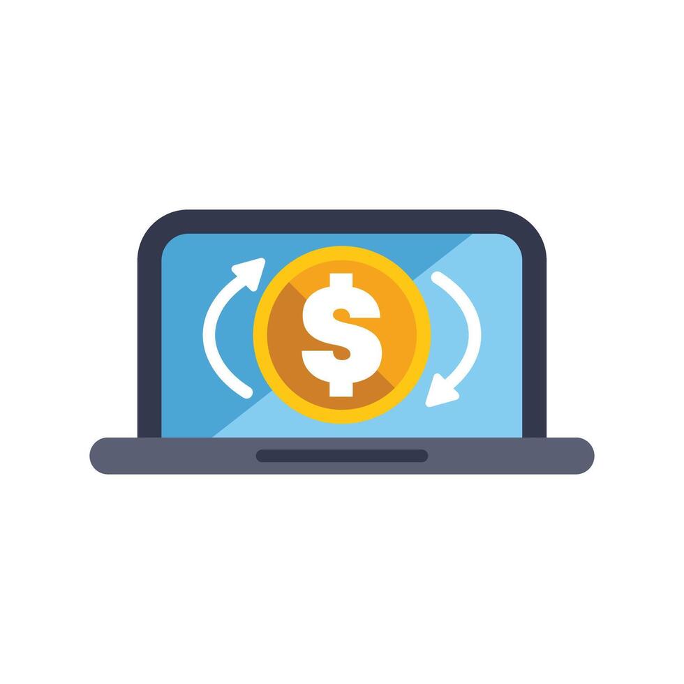Laptop showing money transferring with arrows around dollar coin vector