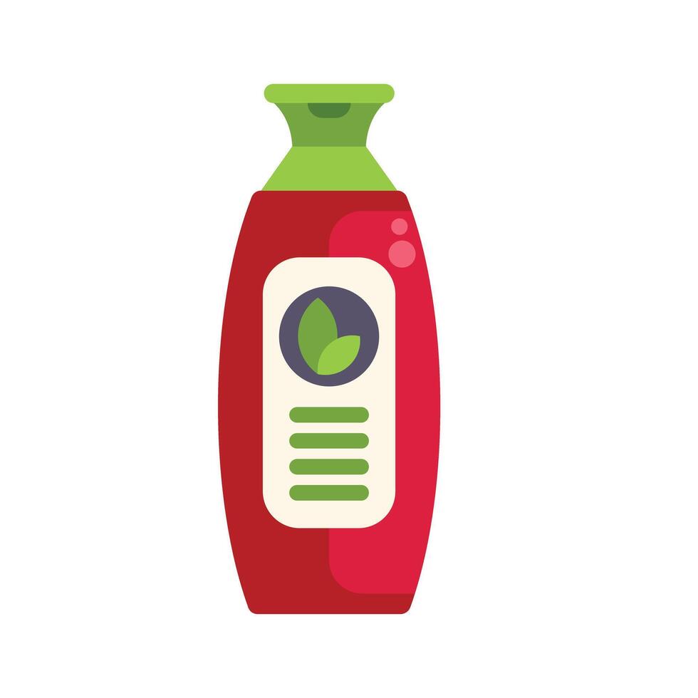 Red plastic bottle with green cap for shampoo or shower gel with organic ingredients label vector