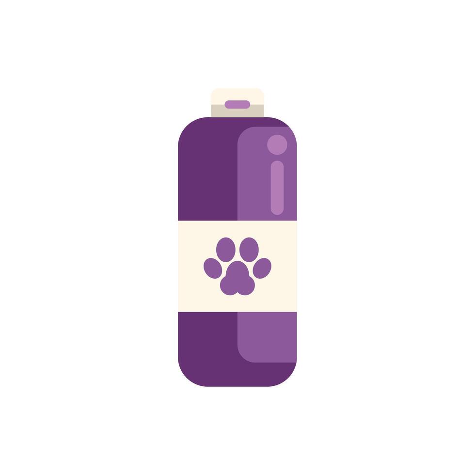 Purple plastic bottle with label featuring paw print for pet shampoo vector