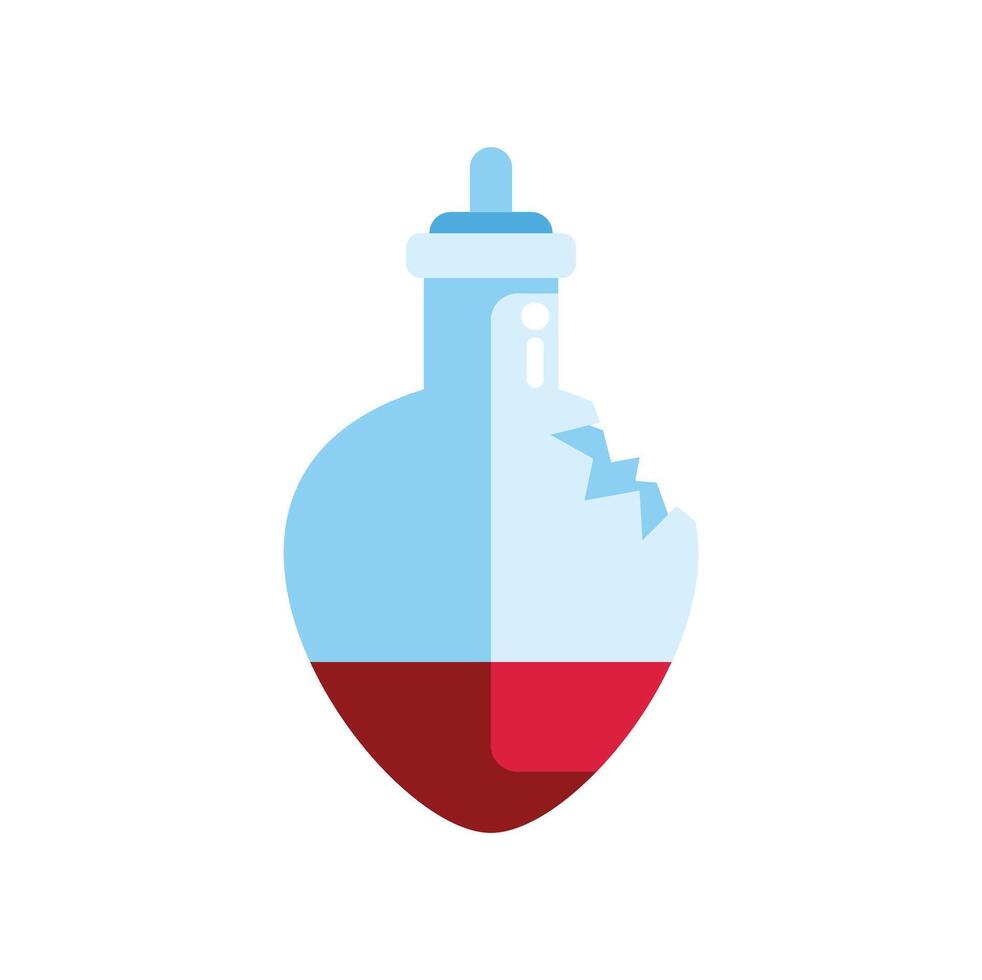 Heart shaped flask containing red liquid breaking on white background vector