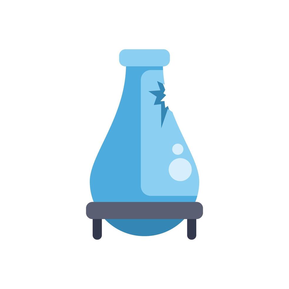 Broken glass flask with blue liquid sitting on stand vector