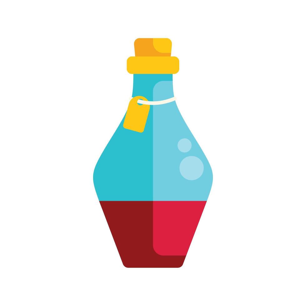 Glass bottle containing red potion with cork and label is waiting to be used by alchemist vector
