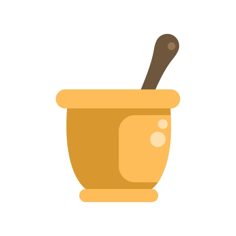 Wooden pestle standing in ceramic mortar for grinding spices and herbs vector