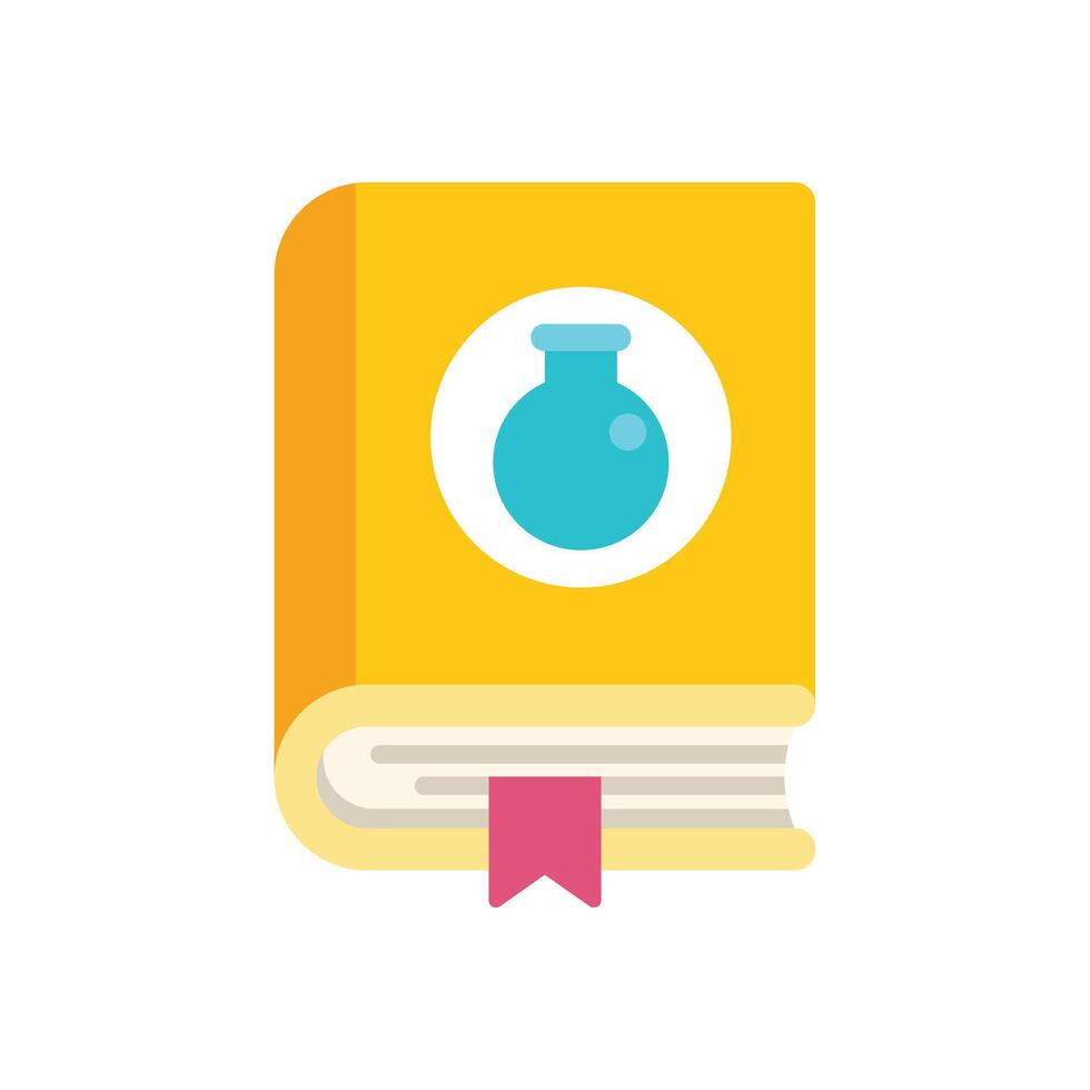 Yellow chemistry book with blue flask icon and bookmark ribbon vector