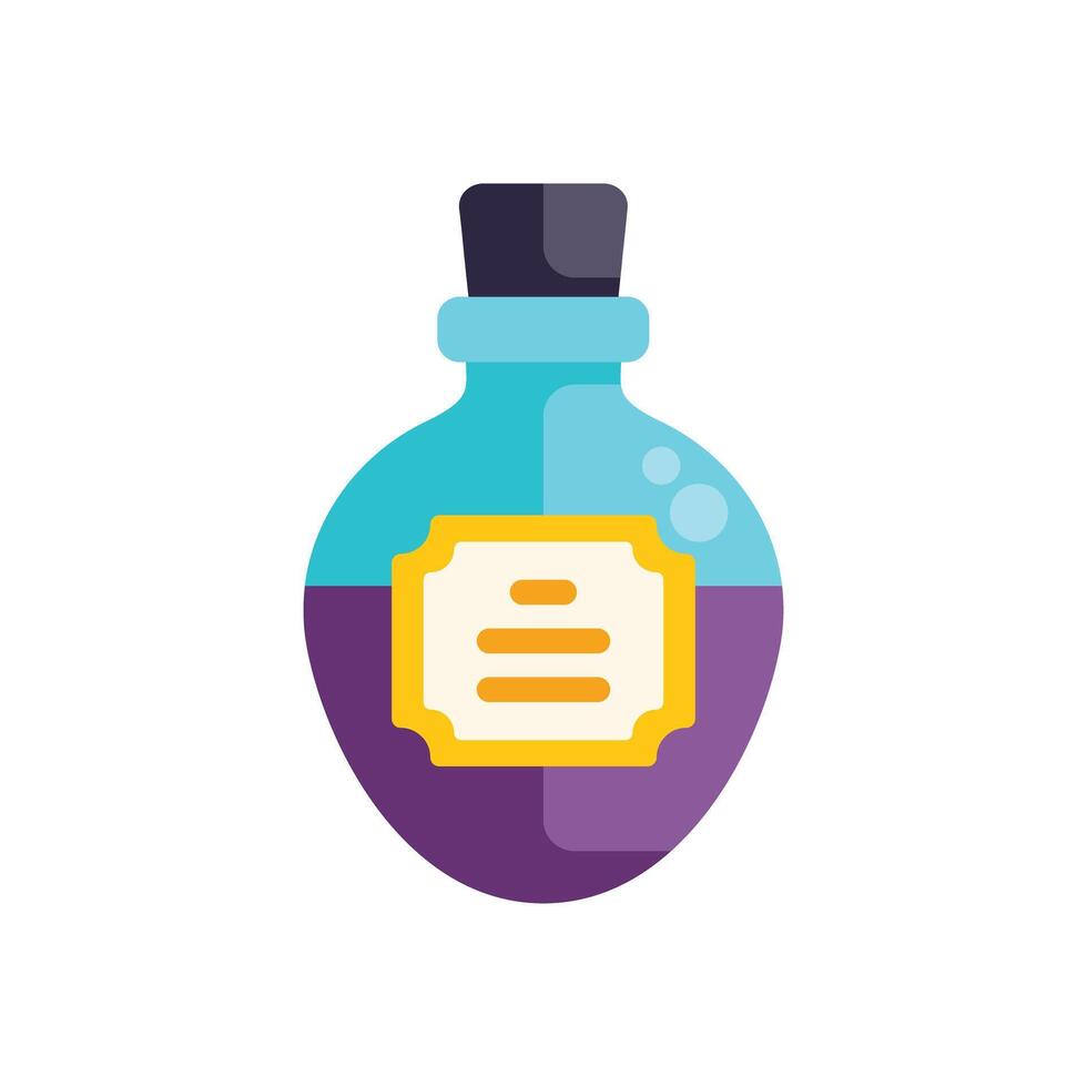 Glass bottle containing purple potion with blank label for text vector