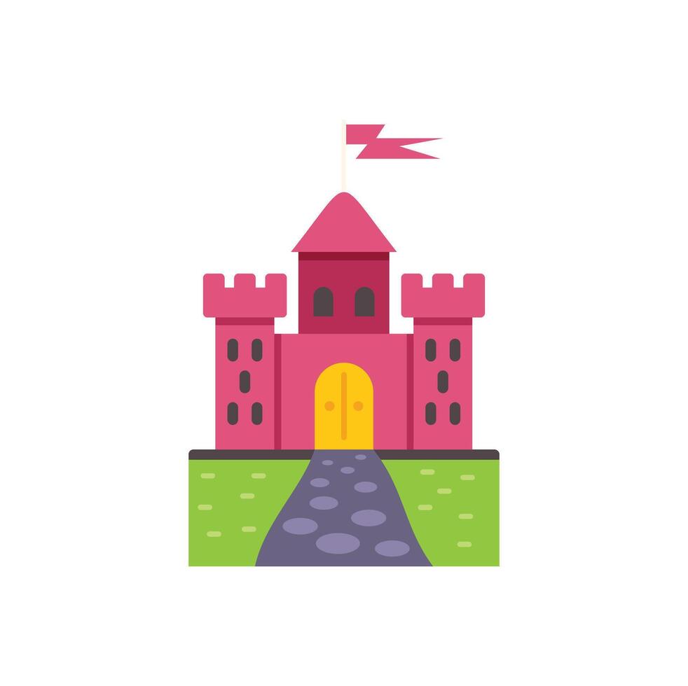 Cartoon medieval castle is standing on green lawn with stone path leading to it vector