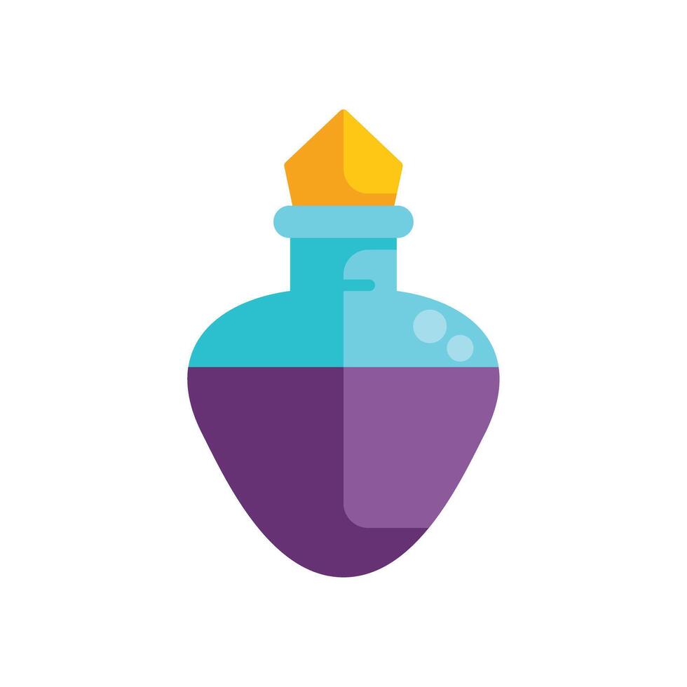 Glass flask containing purple potion brewing magic elixir vector