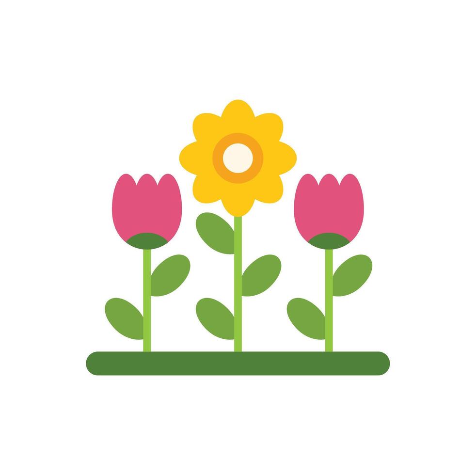 Two tulips and a yellow flower growing in a garden vector