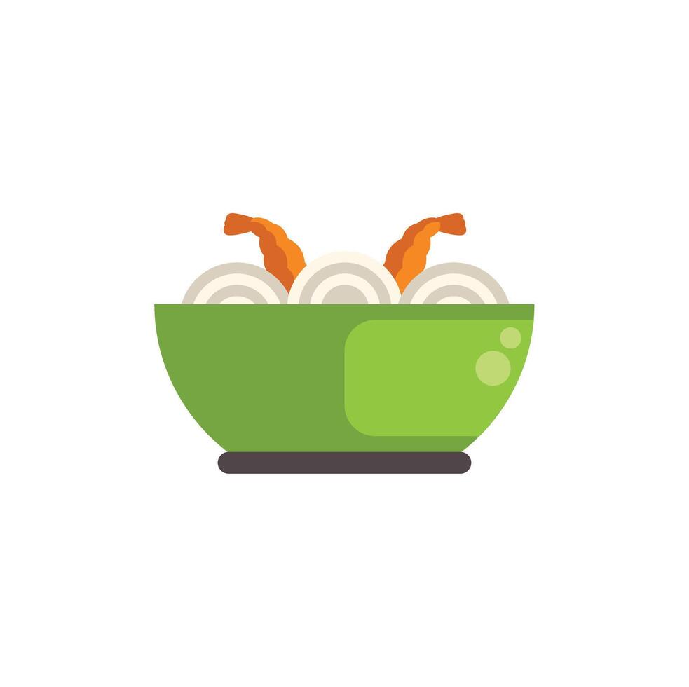 Green bowl with noodles and shrimps serving asian food vector
