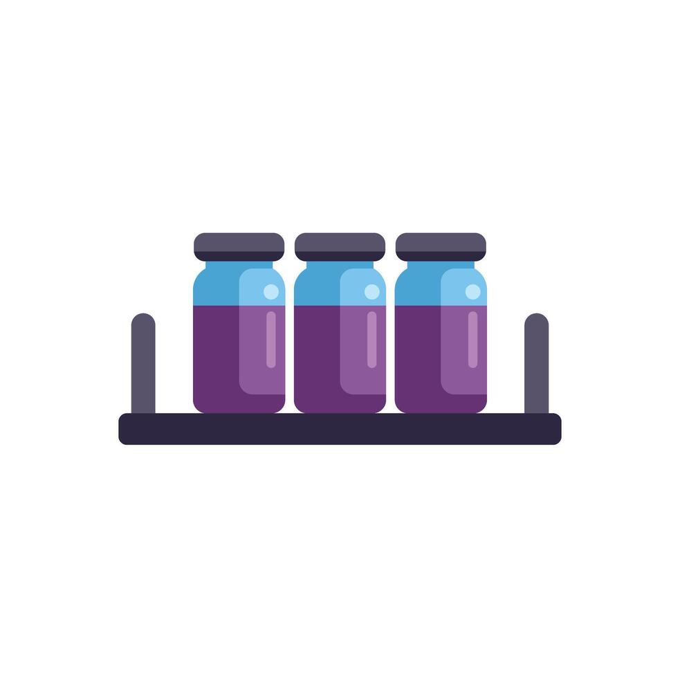 Glass jars with purple liquid standing on shelf in row vector
