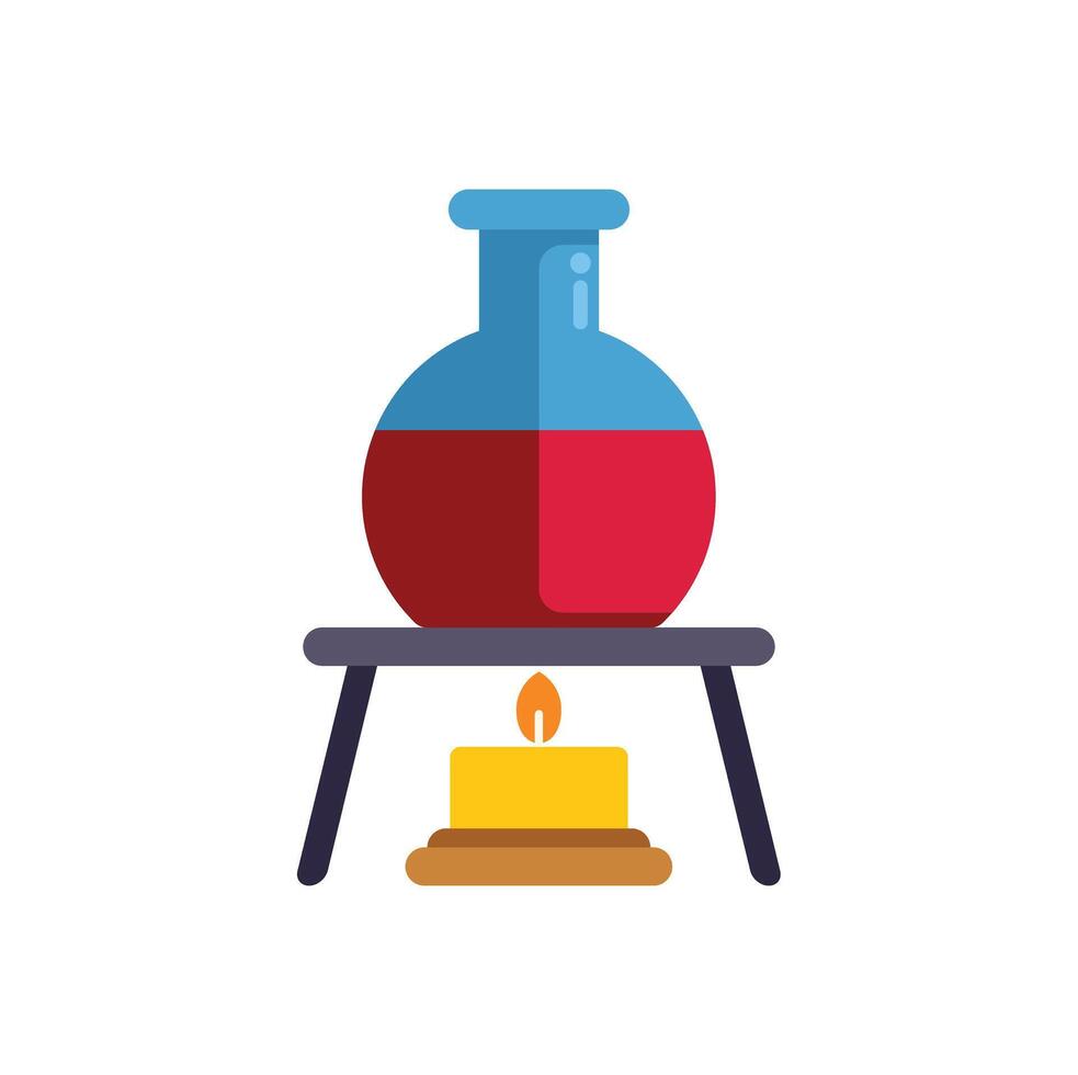 Round bottom flask being heated by candle flame on support frame vector