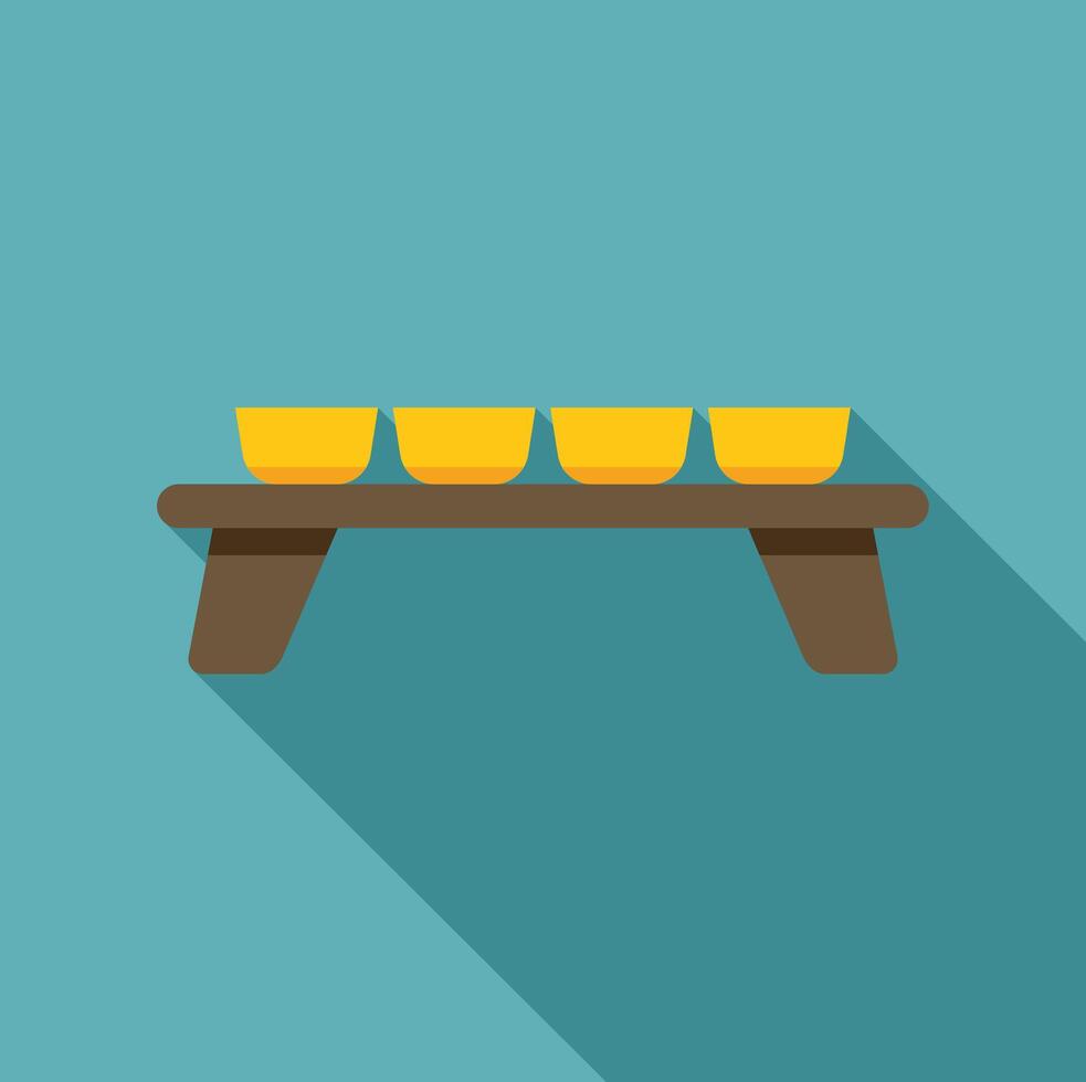 Four yellow bowls sitting on wooden shelf displaying offering vector