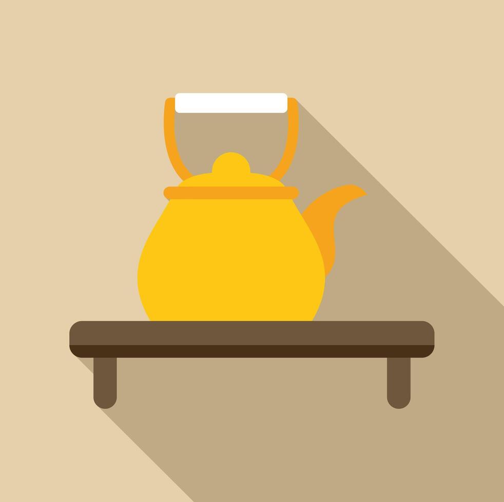 Yellow kettle resting on wooden shelf, minimalist kitchenware icon vector