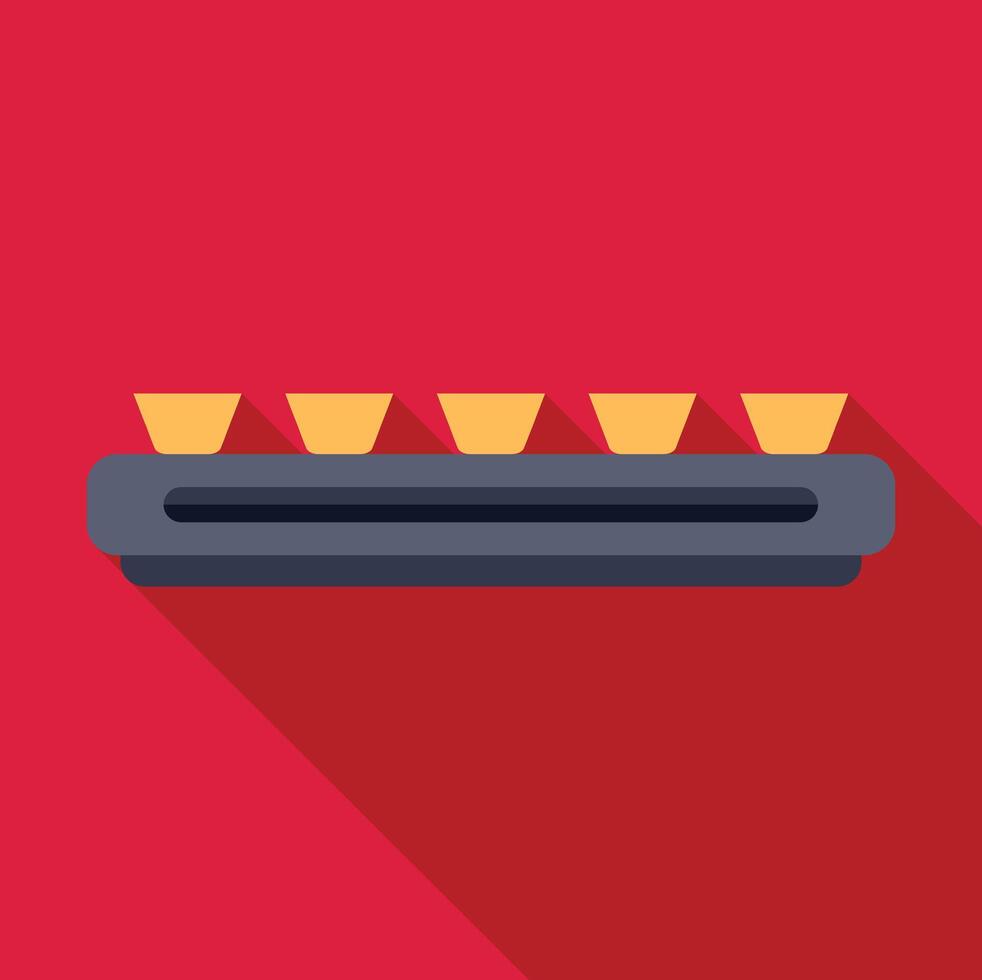 Conveyor belt transporting five identical items in a factory setting vector