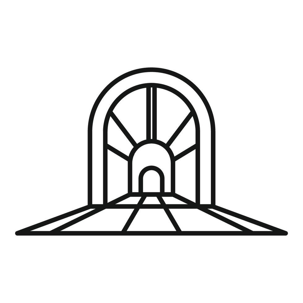 Round tunnel entrance with metal grid and perspective floor leading to bright light vector