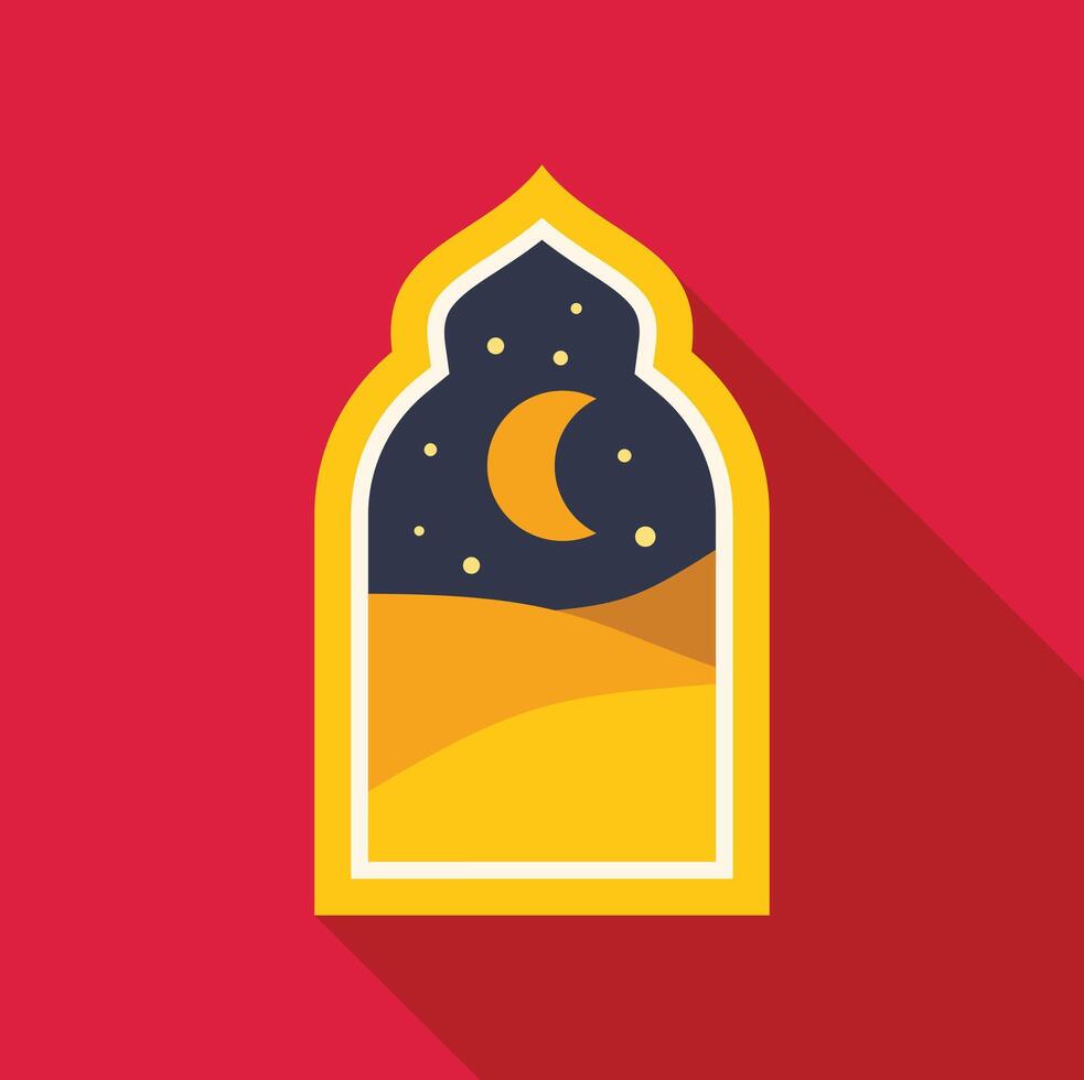 Crescent moon shining over desert through ornate window at night vector