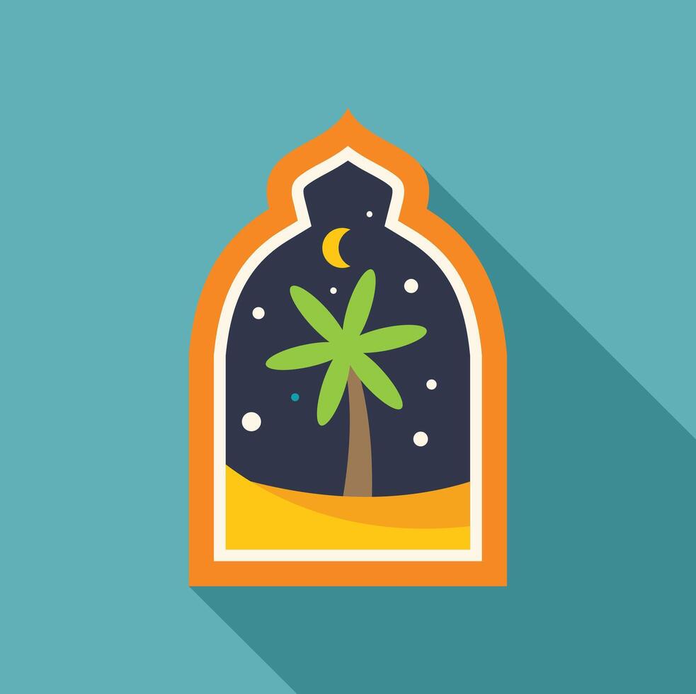 Desert oasis at night seen through islamic arch window with crescent moon and stars vector