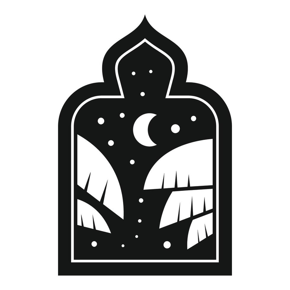 Arabian nights scene showing crescent moon and palm trees through arch window vector