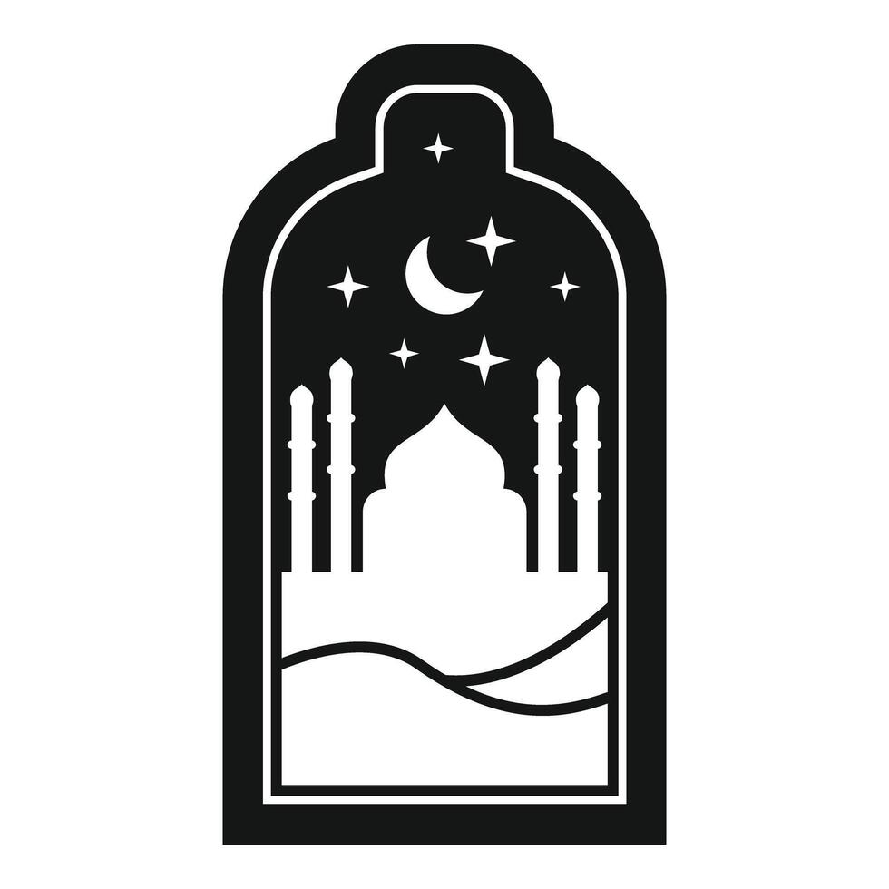 Mosque silhouette under crescent moon and stars in ornate frame vector