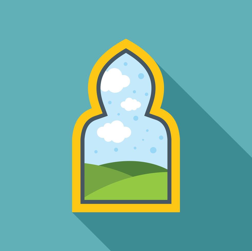 Traditional arabic window showing green hills and cloudy sky vector
