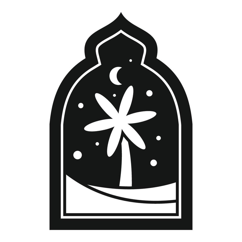 Arabian nights desert landscape with palm tree and crescent moon in traditional arch window vector