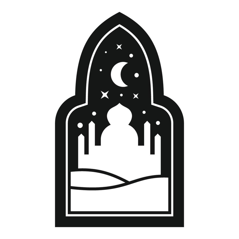 Mosque silhouette with crescent moon and stars in arabic arch window vector