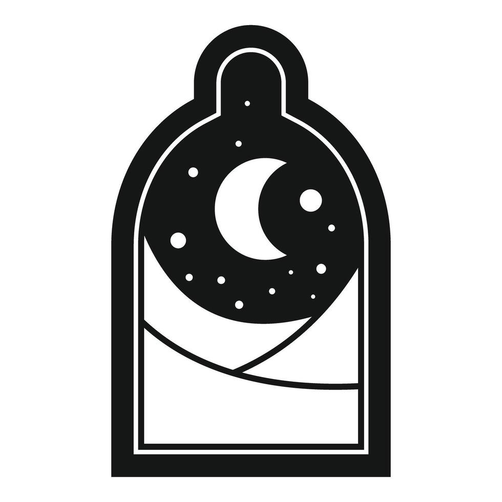 Arched window showing crescent moon and starry night sky vector