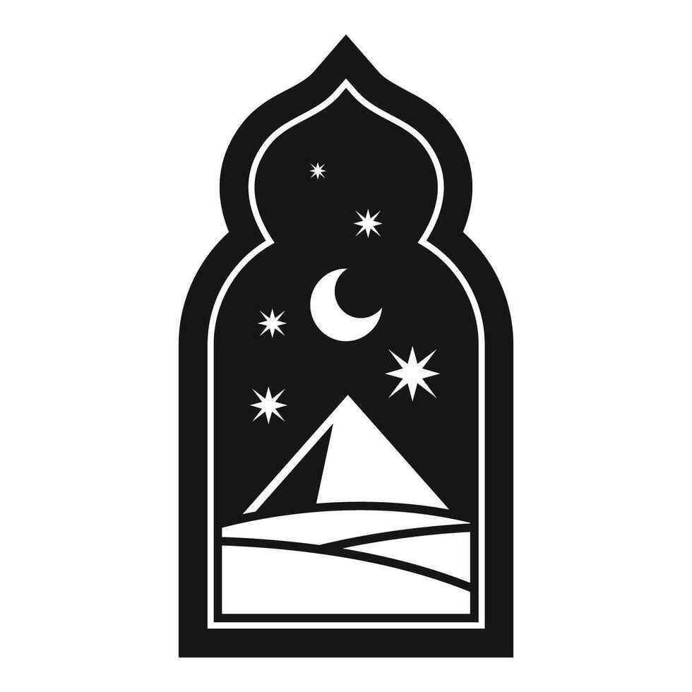 Arabian window showing desert landscape at night with pyramid, moon and stars vector
