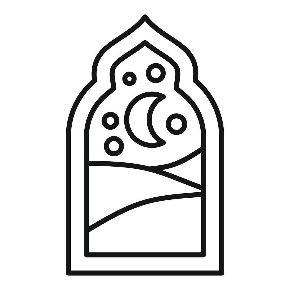 Arabian nights desert landscape showing through mosque window at night with crescent moon vector