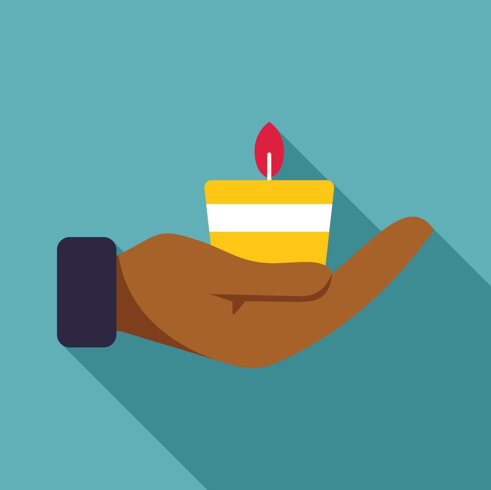 Hand holding lit yellow candle with long shadow vector