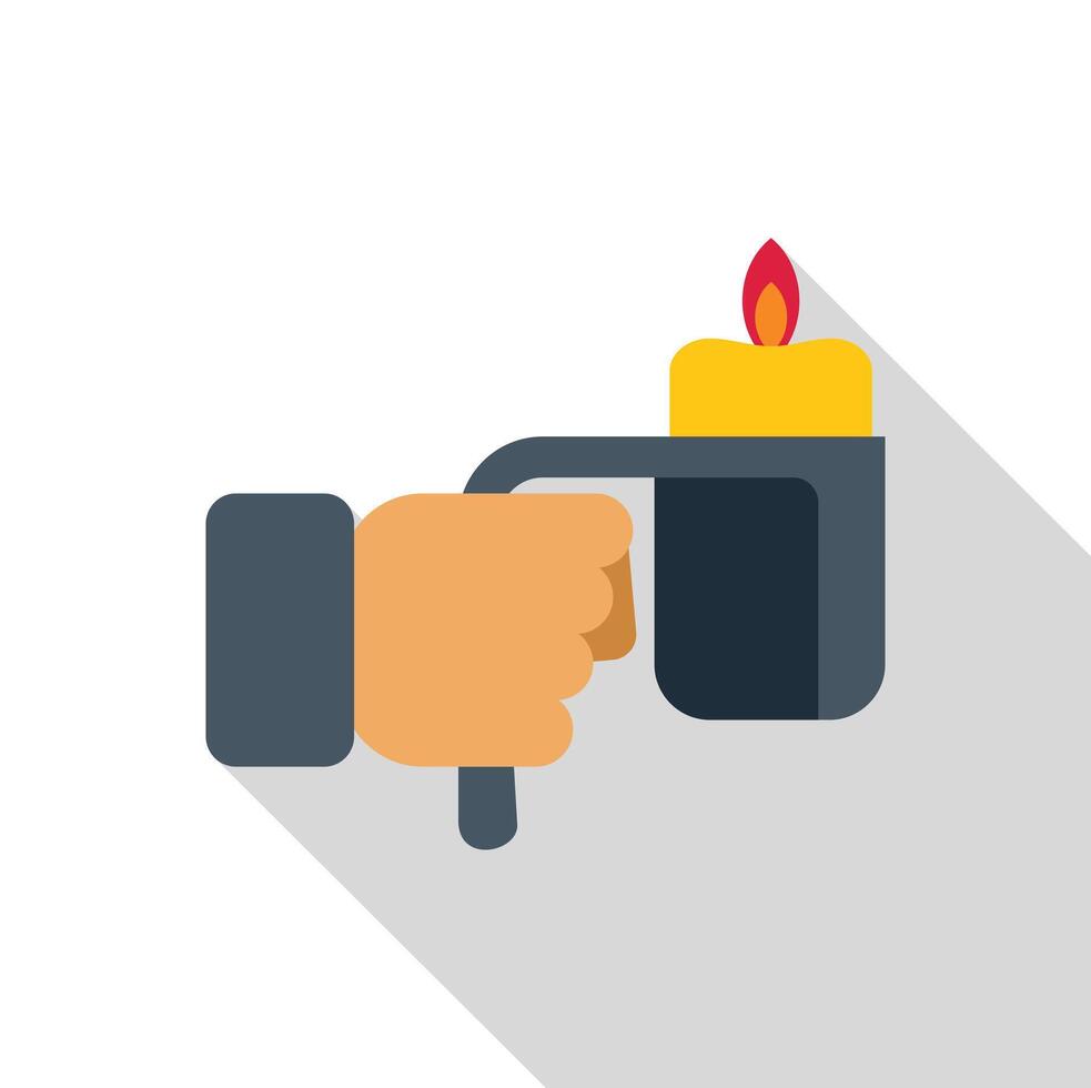 Hand holding portable gas burner lighting candle with long shadow vector