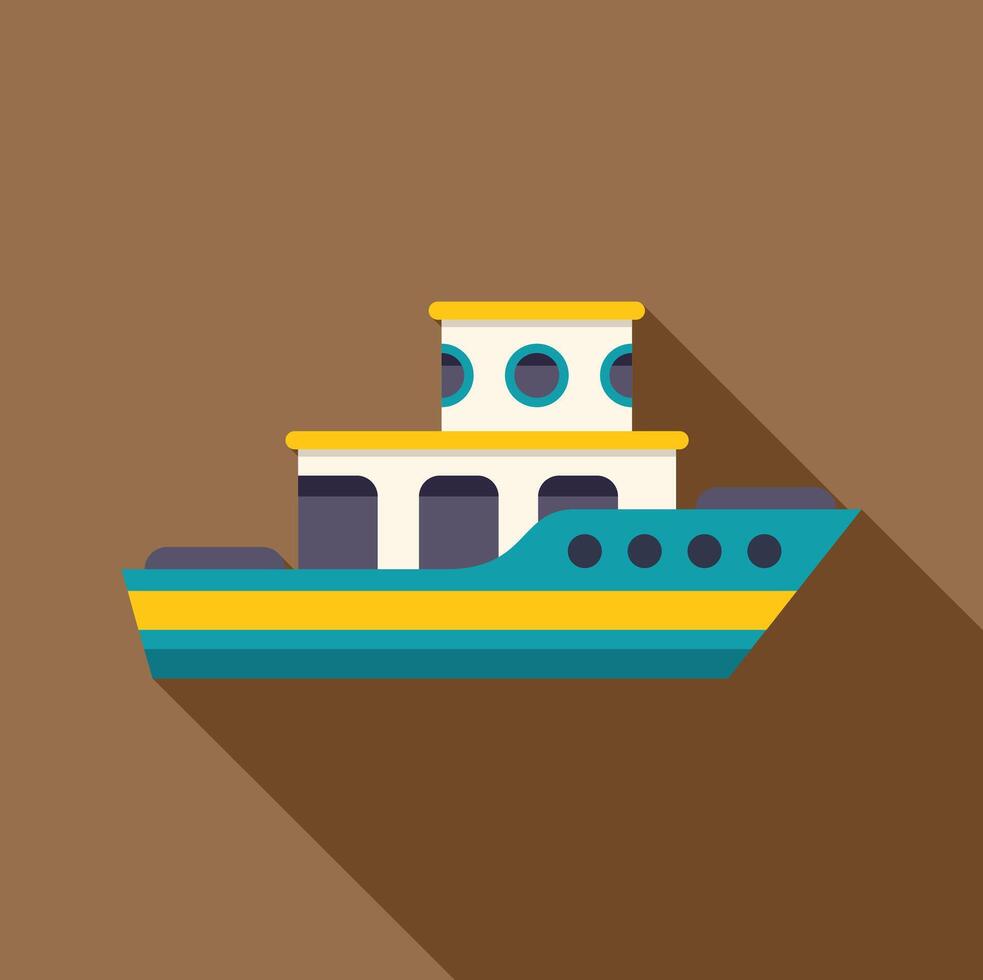 Small passenger ship sailing on calm water with long shadow vector