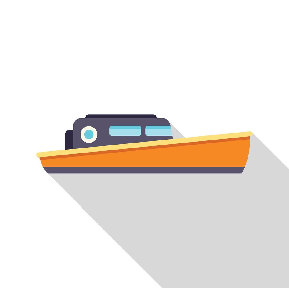 Small orange and black motorboat floating on water with long shadow vector