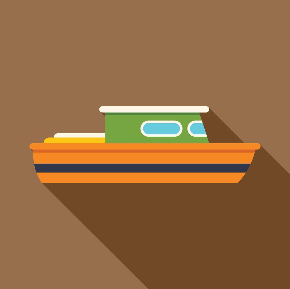 Small orange and green passenger boat floating on water vector