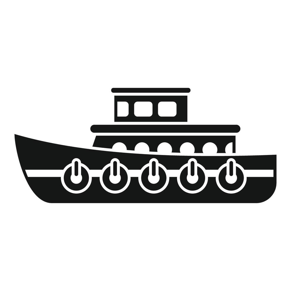 Tugboat sailing on water, simple black and white icon of a boat navigating vector