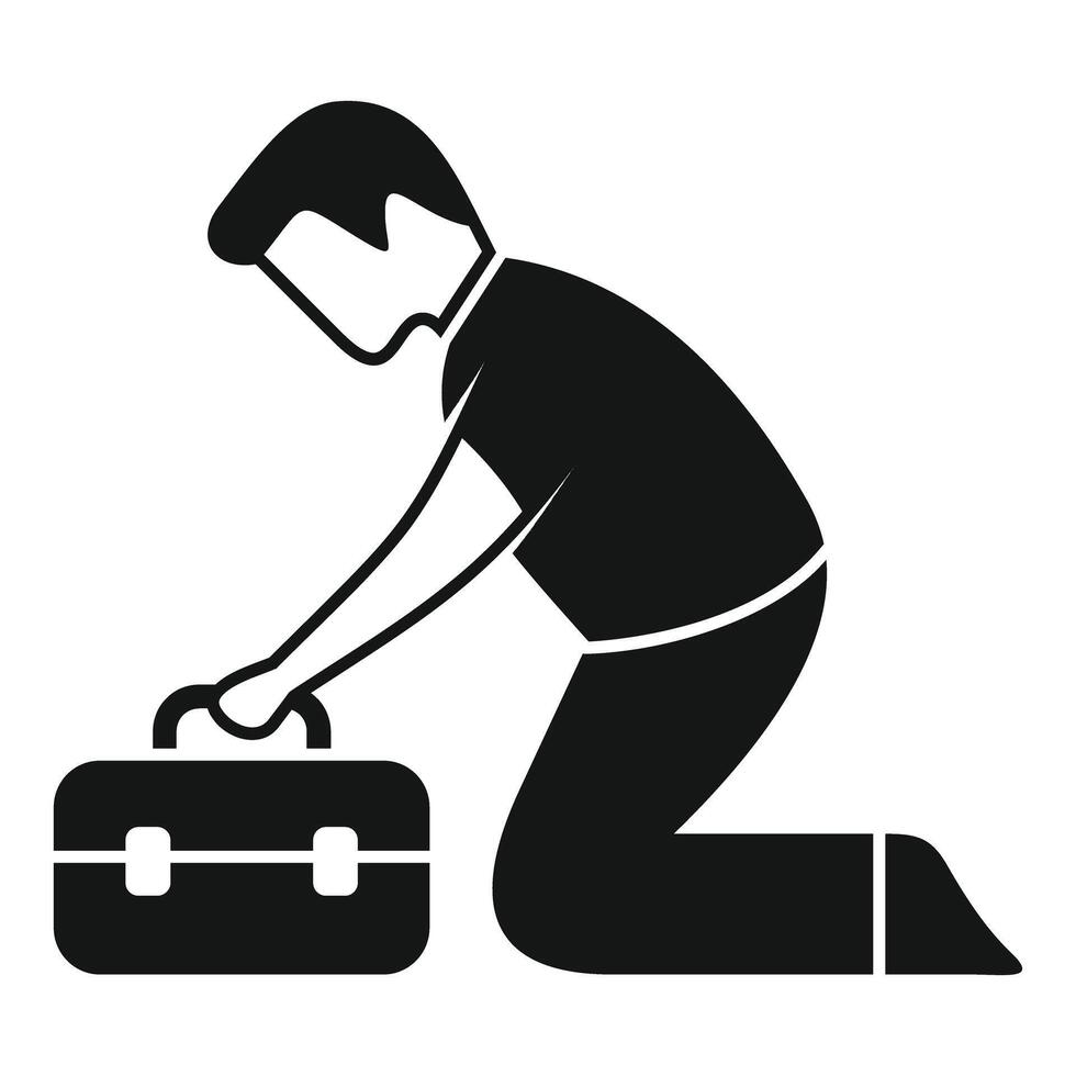 Handyman kneeling and picking up toolbox icon silhouette vector
