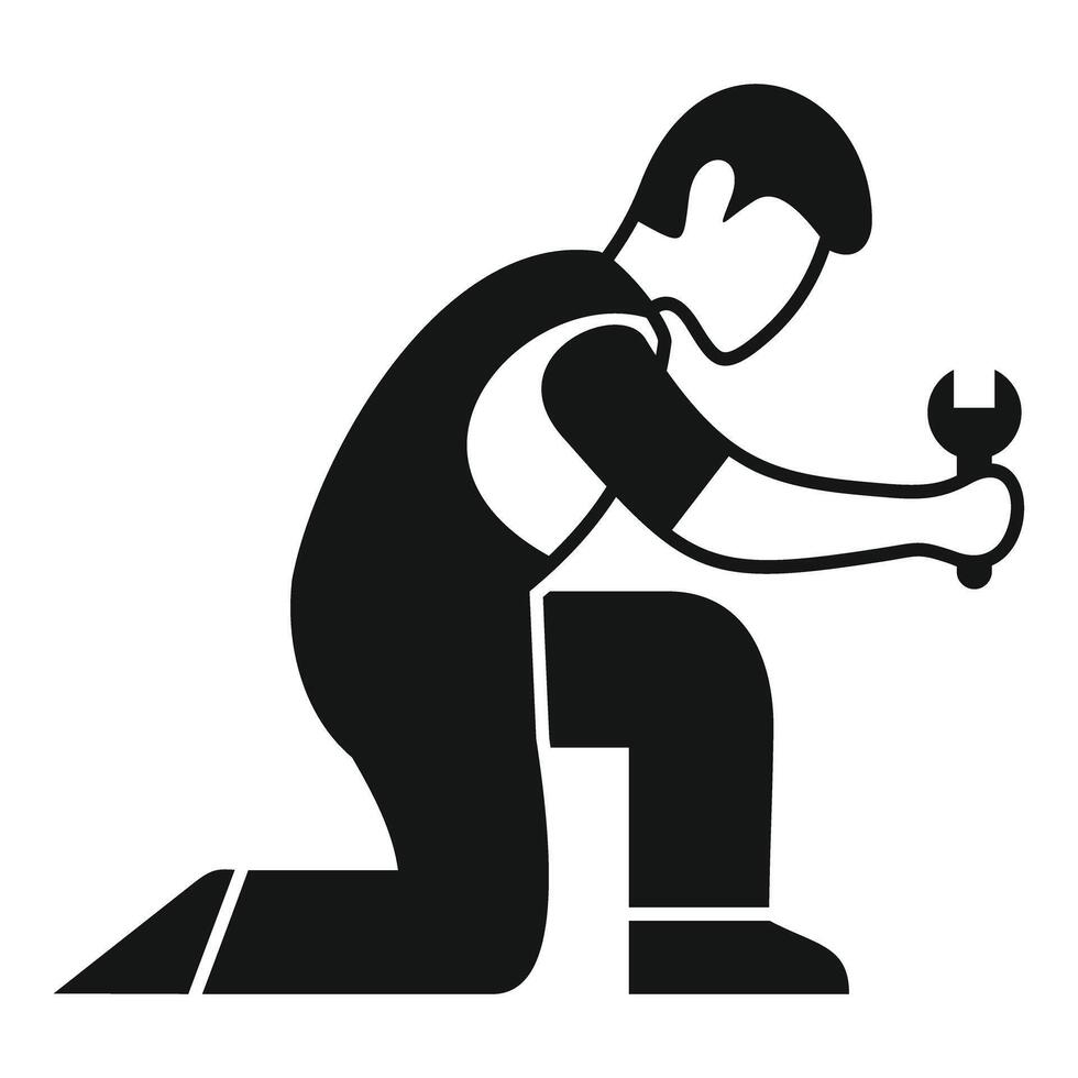 Repairman kneeling and holding a wrench, fixing or installing something vector