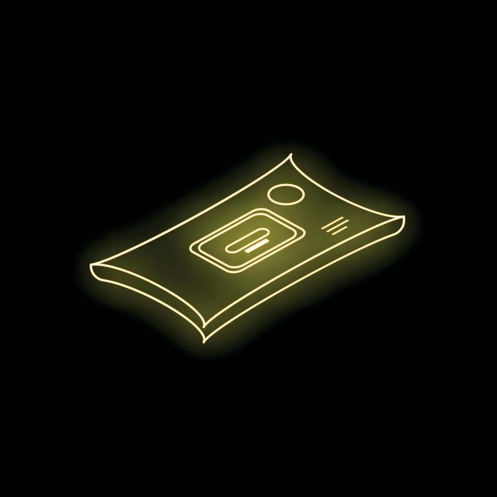 Neon yellow wet wipes package glowing on black background vector