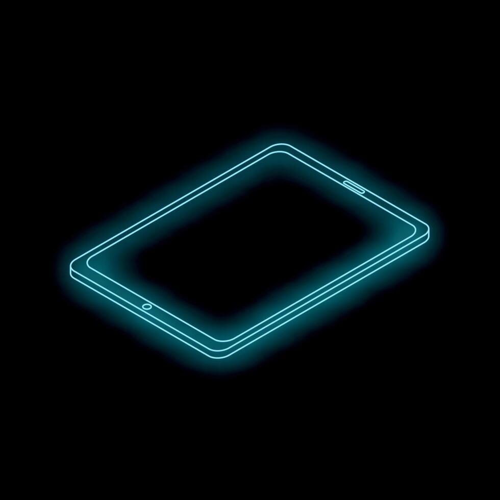 Neon tablet glowing on black background with isometric view vector