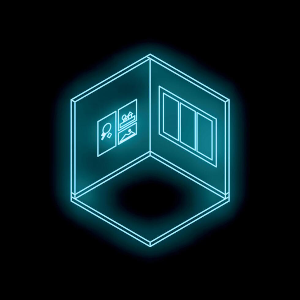 Empty isometric room with glowing neon blue outline vector